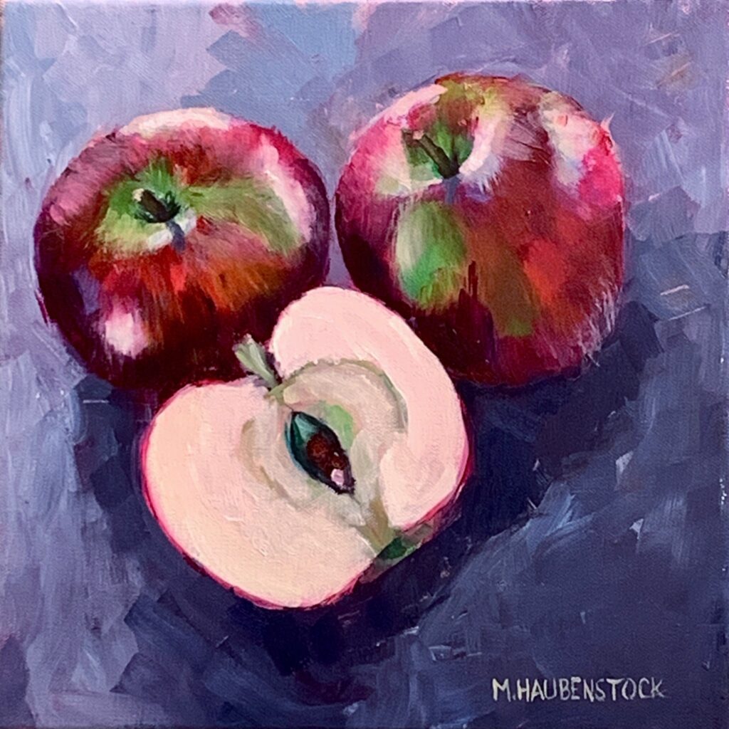 An oil painting of three apples.