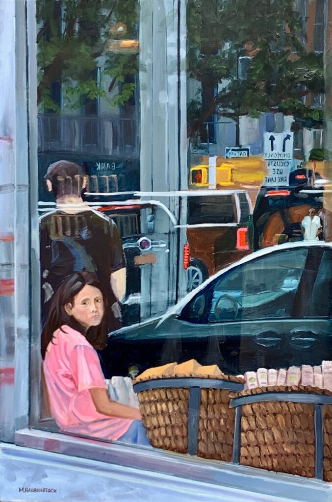 A painting of a girl looking out a store front window.