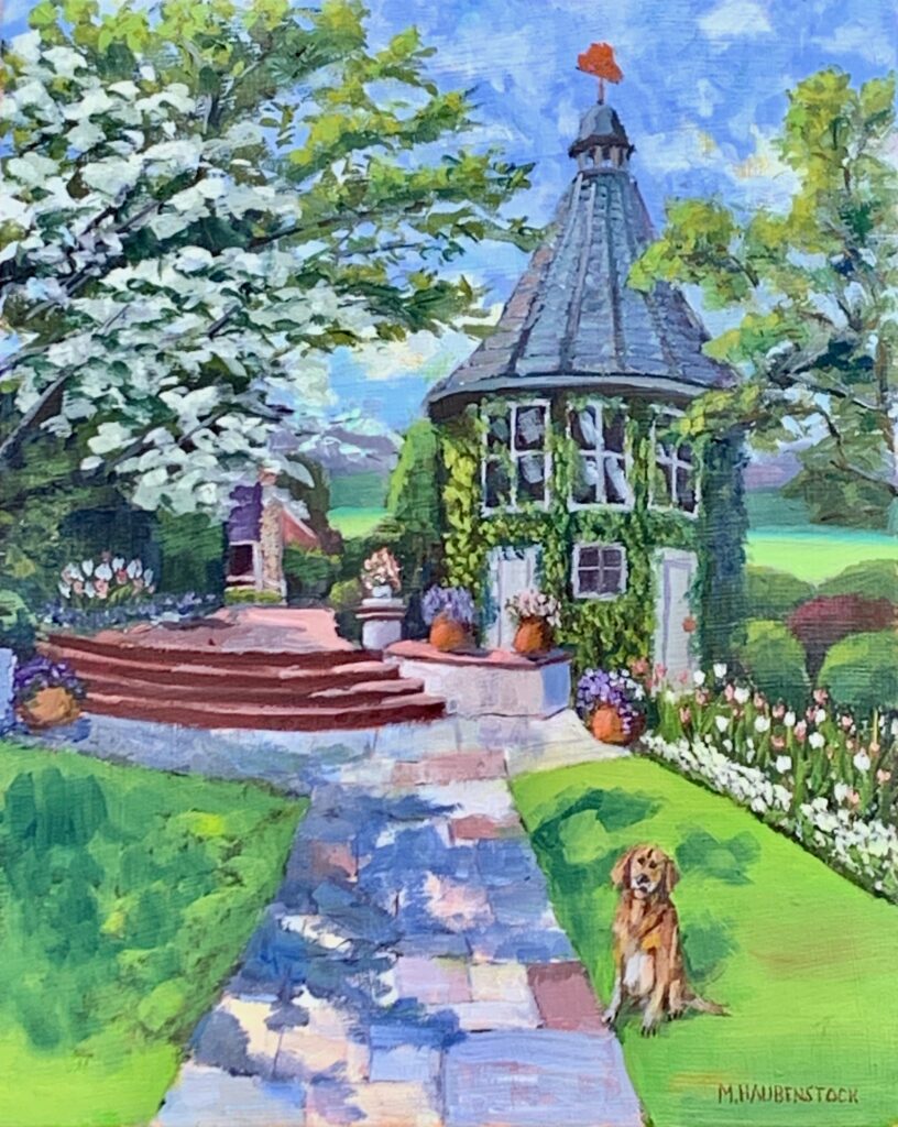 Oil painting of a little stone gazebo.