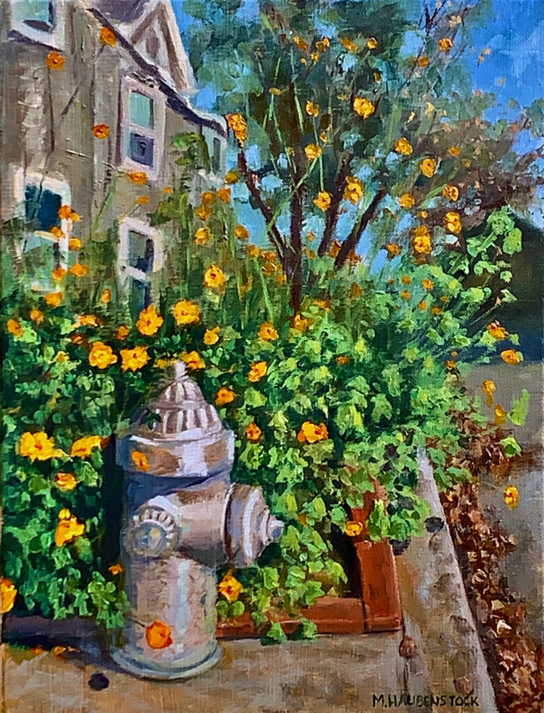 Oil painting of a fire hydrant surrounded by flowers.