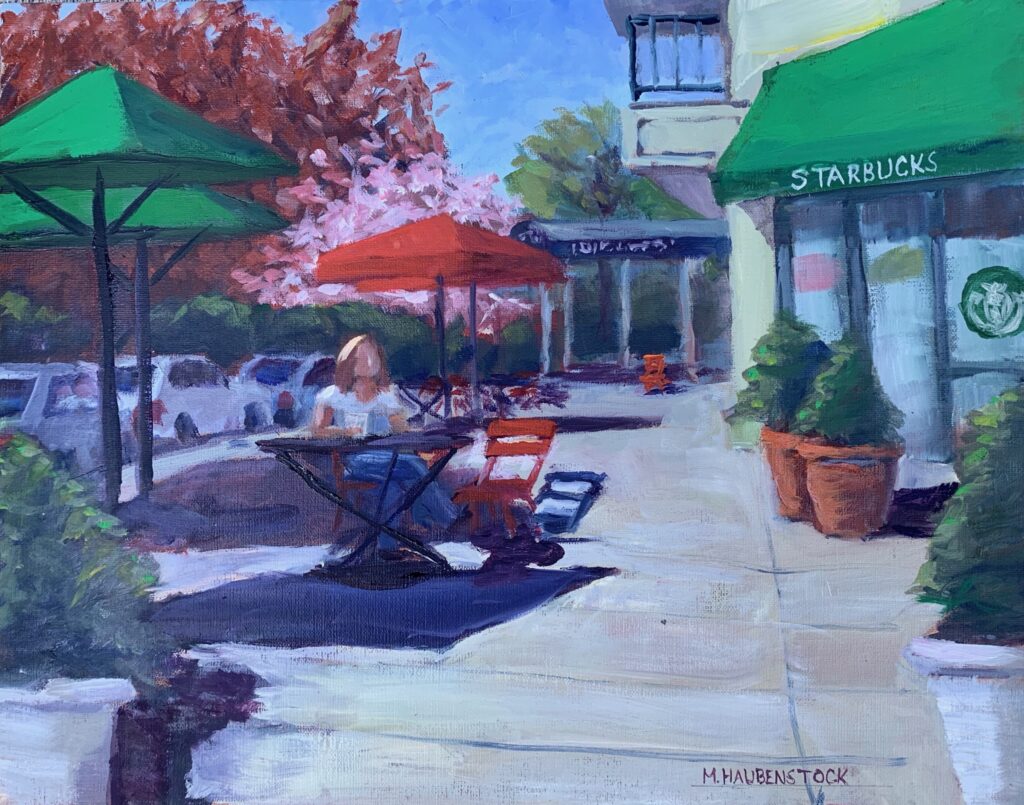 A painting of a woman sitting at an outdoor table drinking coffee.