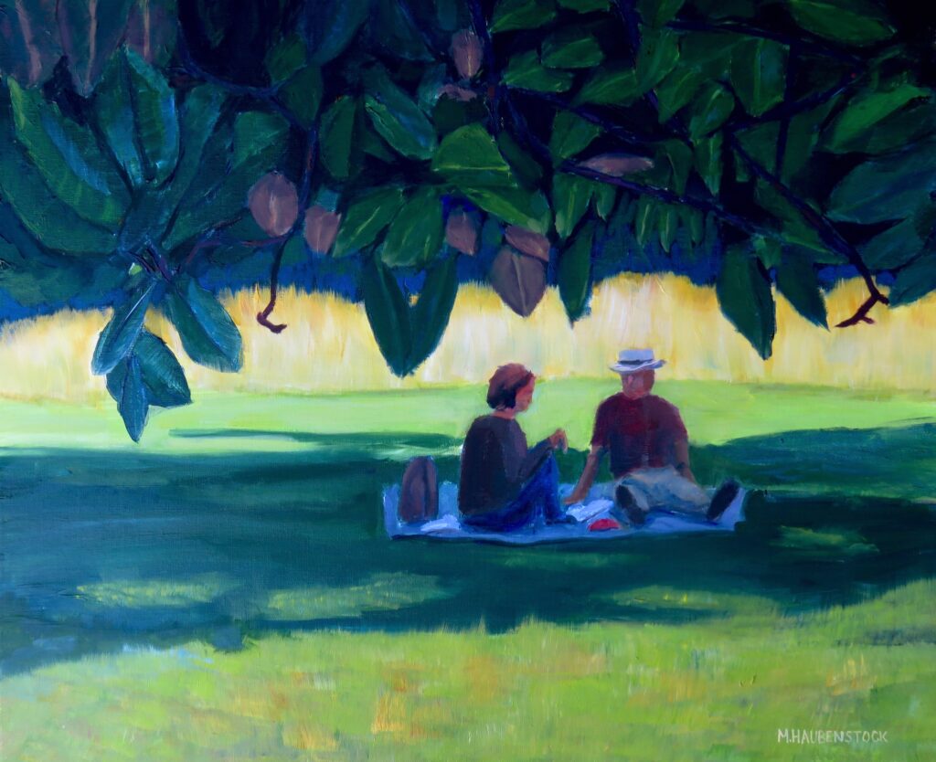 A painting of a couple having a picnic under a magnolia tree.