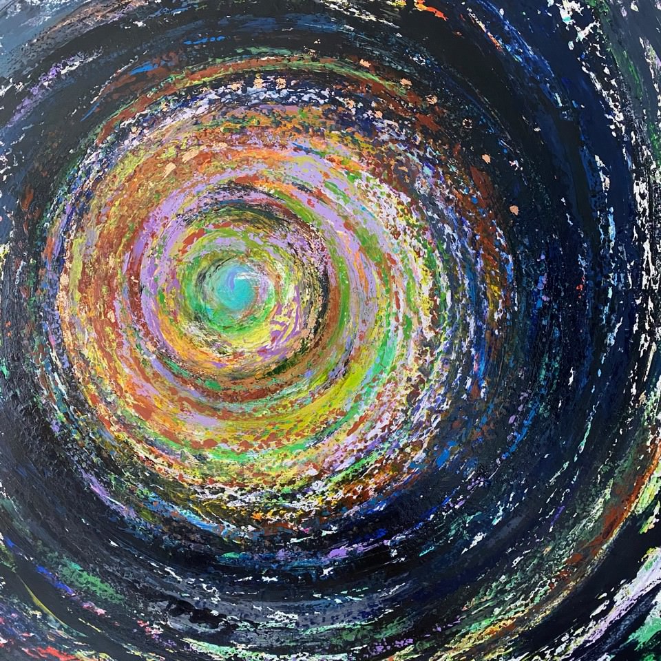 A painting of a spiral with dark to light colors.