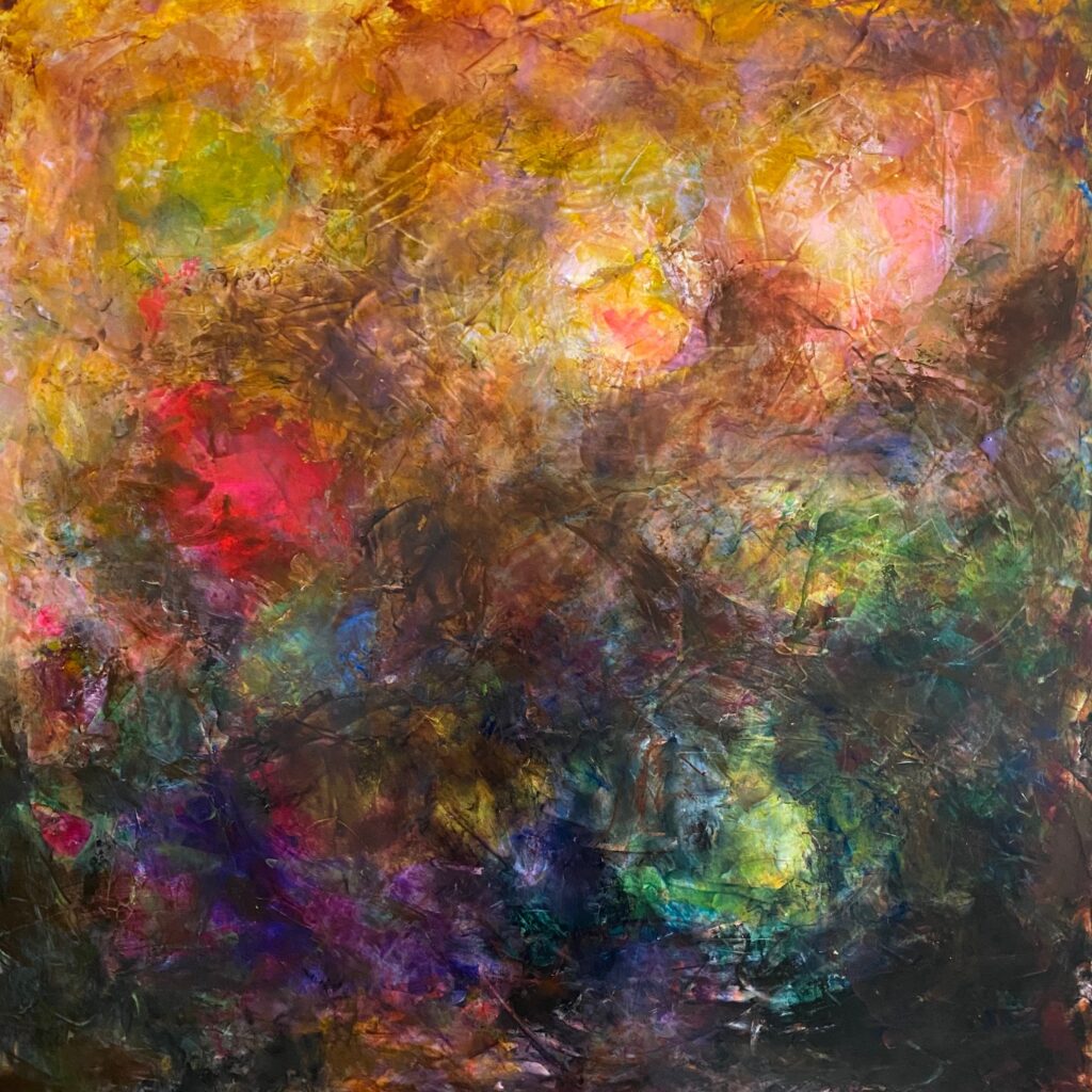 An acrylic painting of blotches of color.