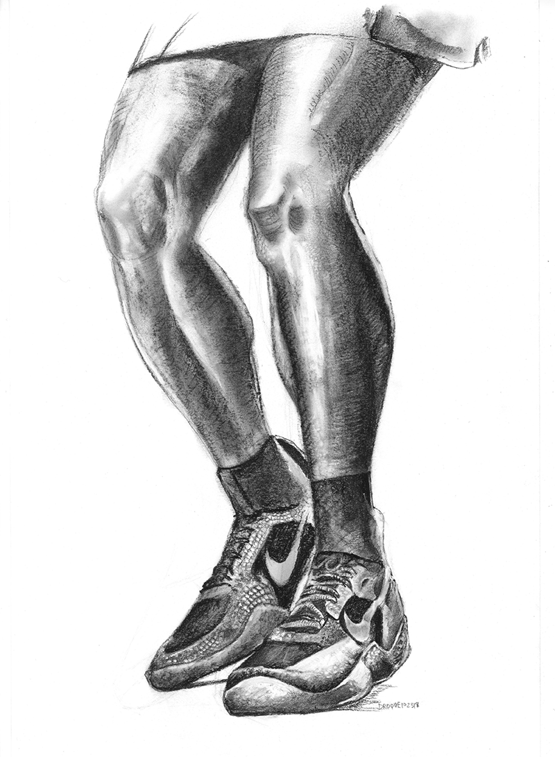 Charcoal drawing of Serena Williams legs and shoes.