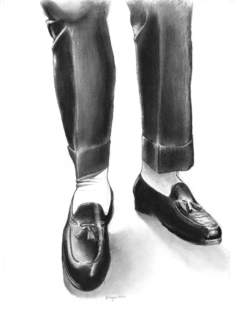 Charcoal drawing of man's dress loafers.