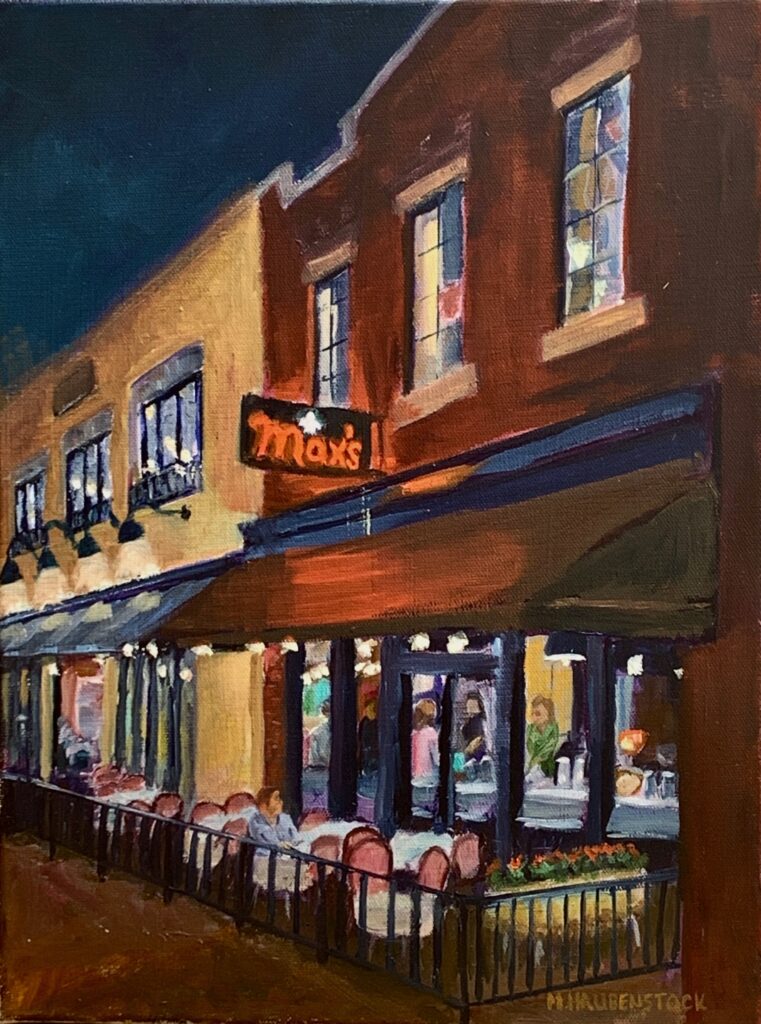 Oil painting of outside of Max's bar
