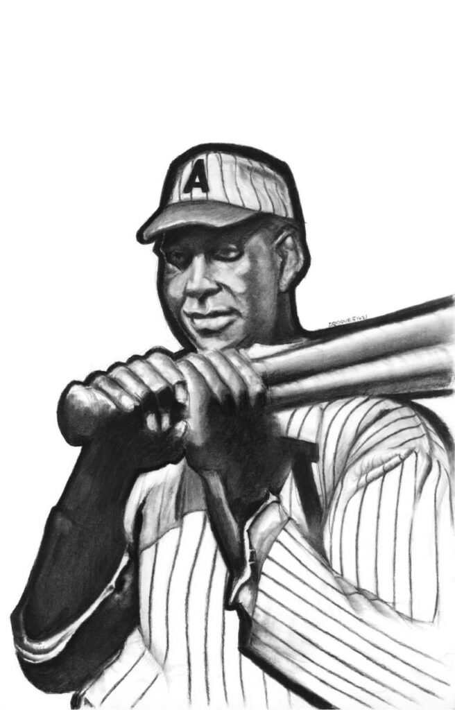 A charcoal drawing of a baseball player