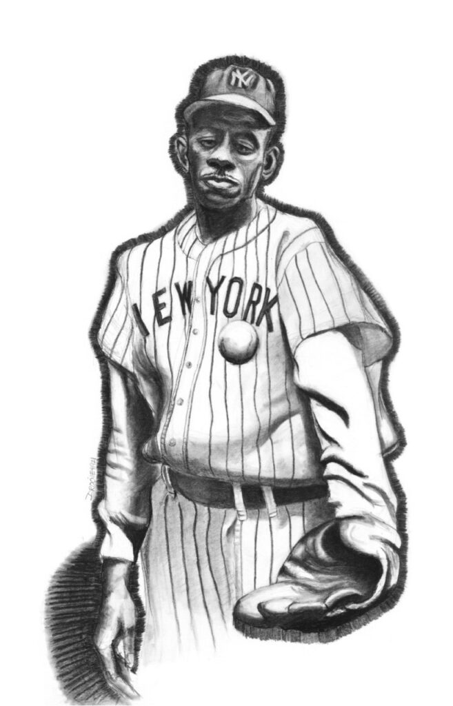 A charcoal drawing of baseball player Satchel Paige